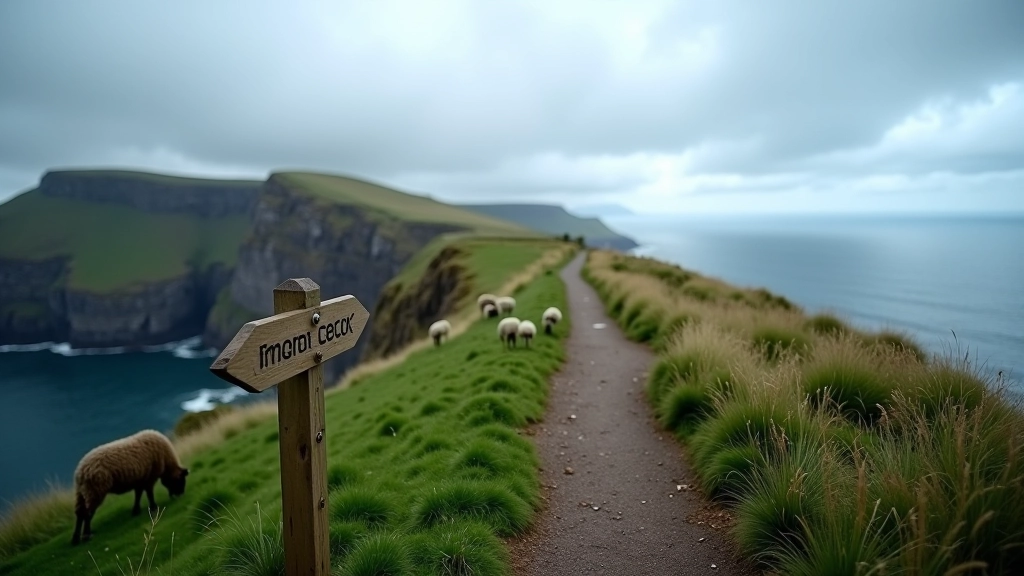 Wide view of the cliff pathway with directional signage and the ocean stretching to the horizon under dramatic cloudy sky