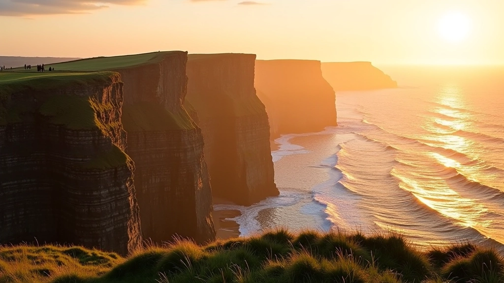 Golden hour sunset light illuminating the cliff faces with warm orange and amber tones, few visitors visible on the path