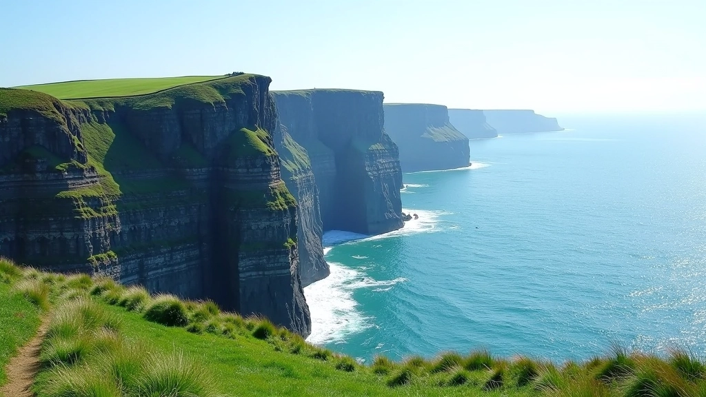 Dramatic cliff face overlooking the Atlantic Ocean with rolling green hills in the distance