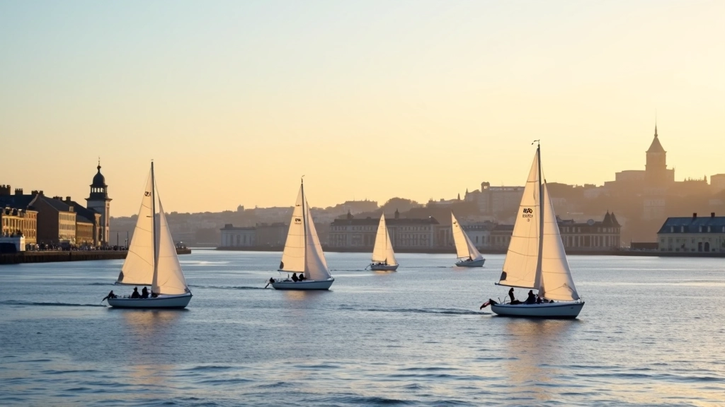 Dublin Bay waterfront with sailboats and distant city skyline at sunset