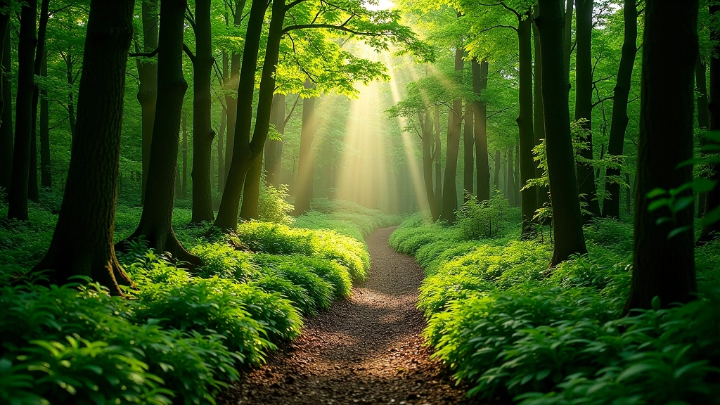 Shaded forest trail with green canopy and natural path