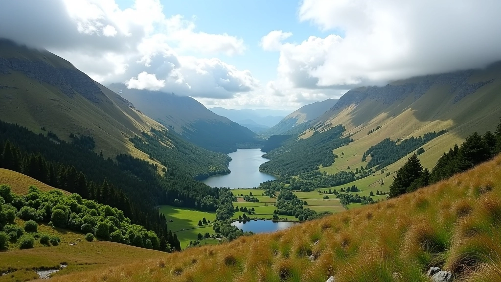 Glendalough valley with two lakes surrounded by steep mountain slopes and forest