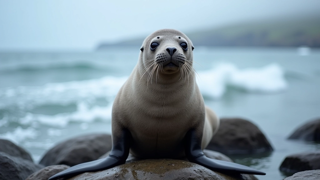 Grey seal resting on coastal rocks with waves splashing nearby