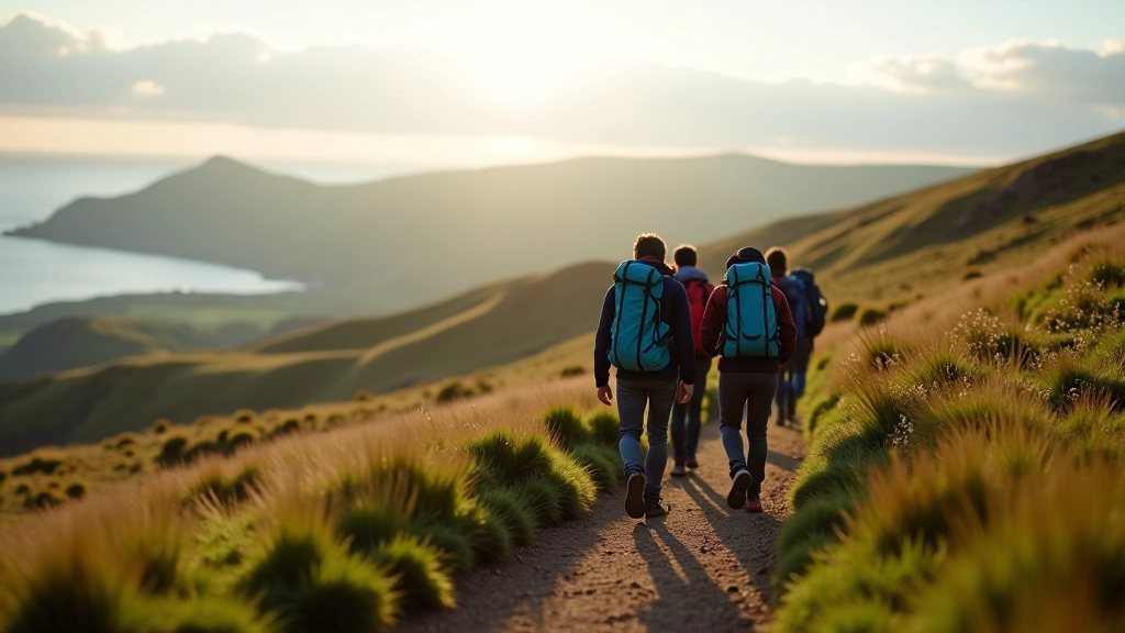 Group of hikers walking together on a scenic mountain trail with views of green valleys