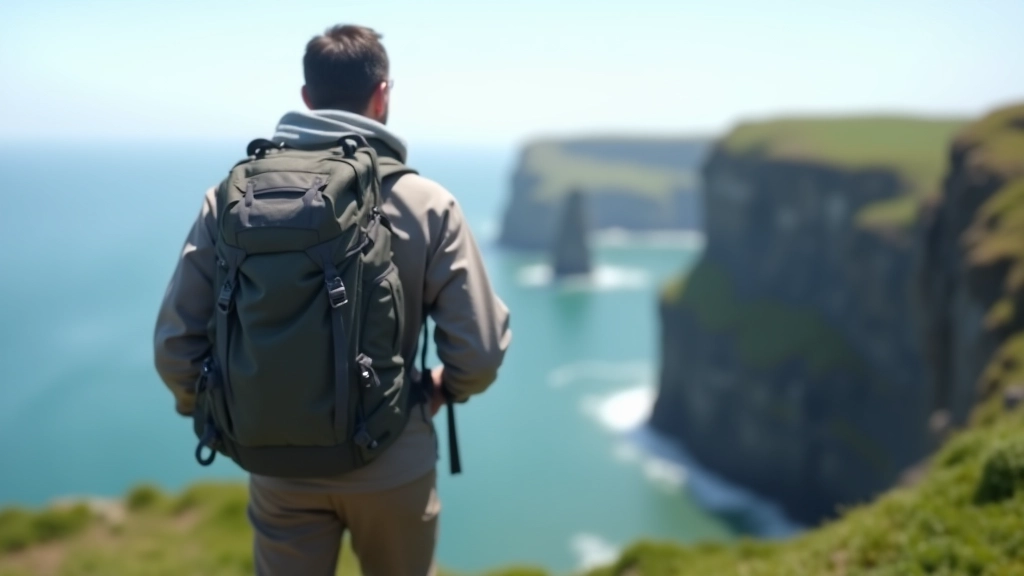 Hiker with backpack standing on coastal cliff viewpoint overlooking the Atlantic Ocean and distant coastline