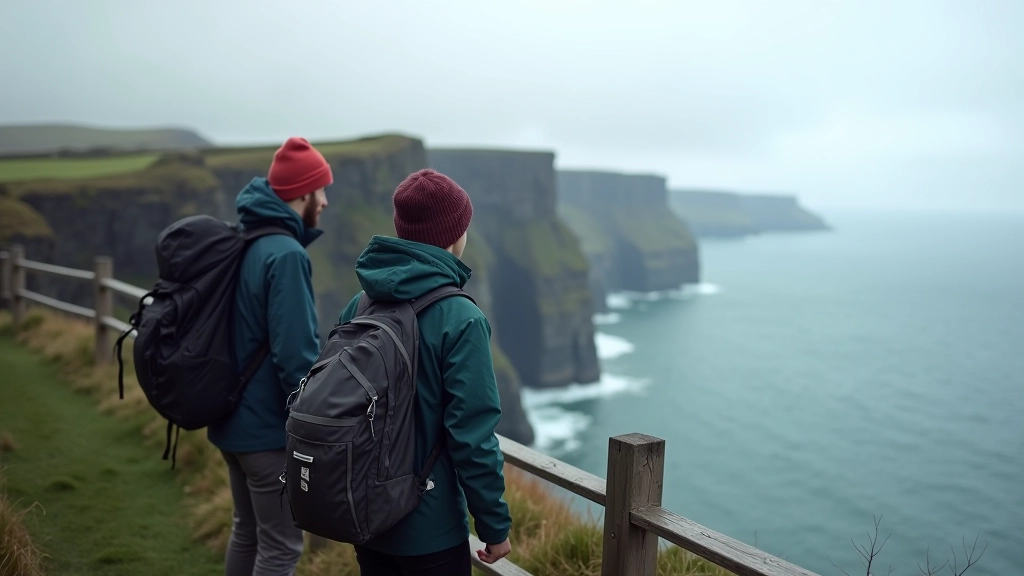 Visitors standing safely along the cliff edge path with safety railings, dramatic Atlantic coastline stretching into the distance