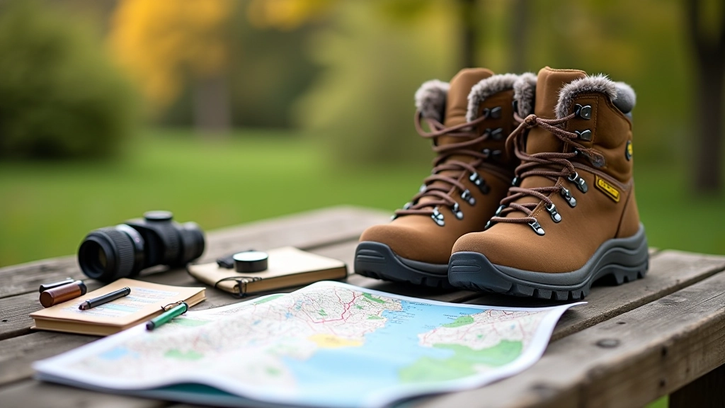 Walking preparation with maps and hiking equipment on table