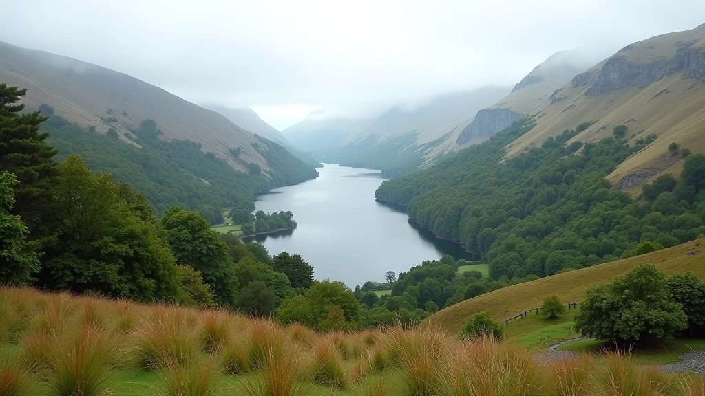 Luggala estate nestled in Wicklow valley with mountain backdrop and lake reflection