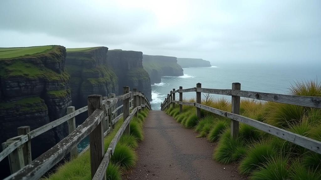 Safety railings and fencing installed along the cliff edge path with warning signs visible