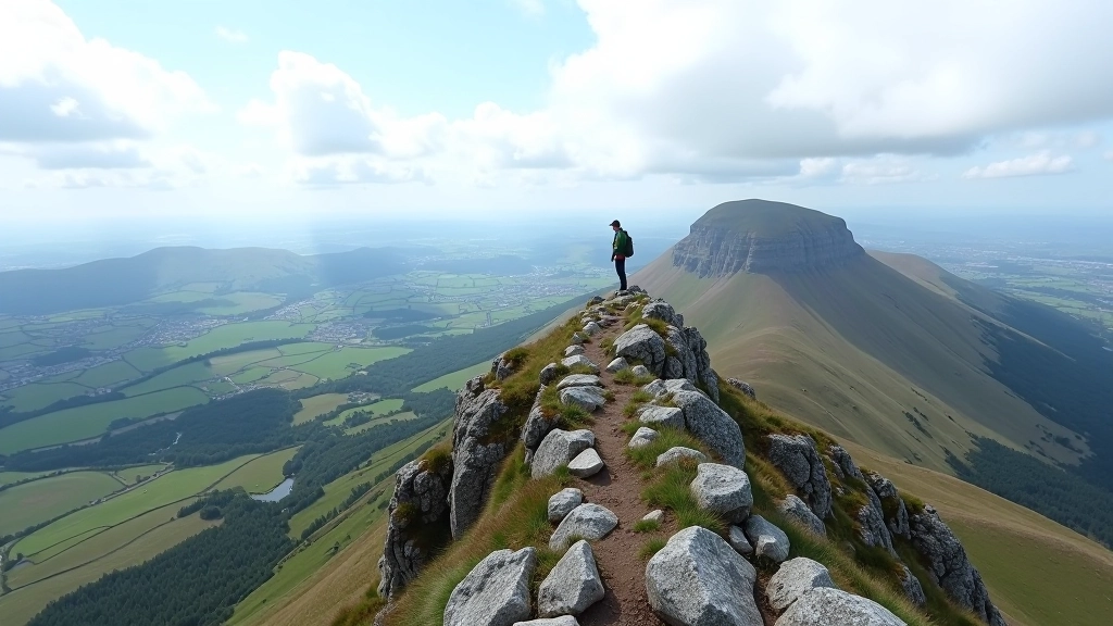 Rocky mountain summit with panoramic views across Wicklow mountains and distant valleys
