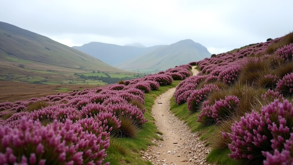Mountain trail winding through purple heather moorland with distant peaks visible