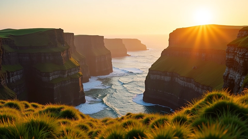 Golden sunset light illuminating rocky coastal cliffs with Atlantic Ocean waves below and green grass in foreground