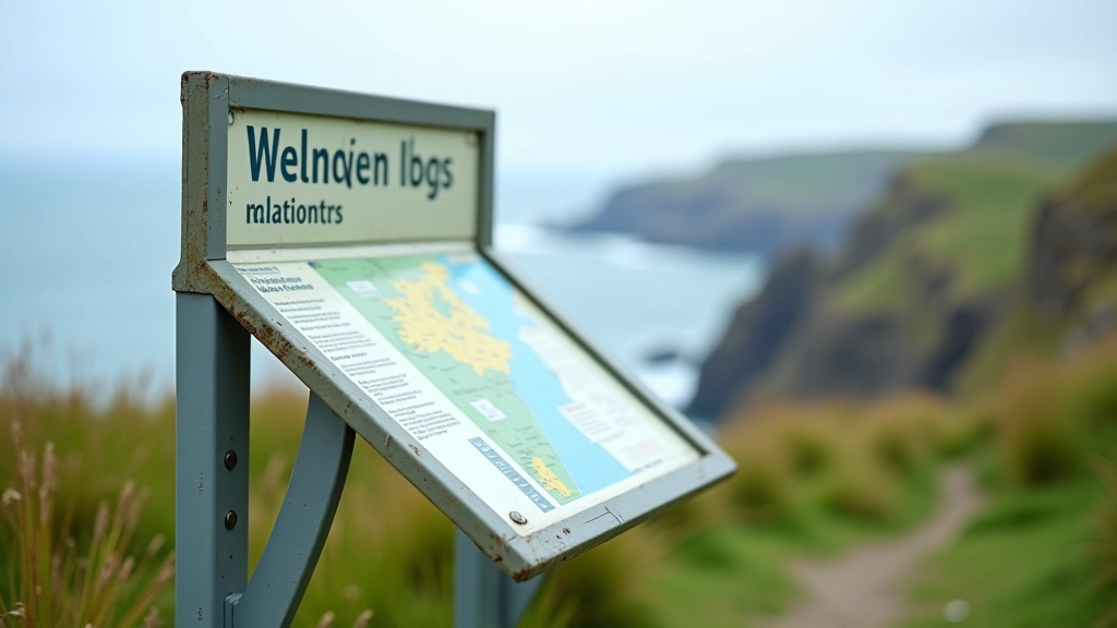 Coastal path with informational sign showing walking distances and difficulty levels