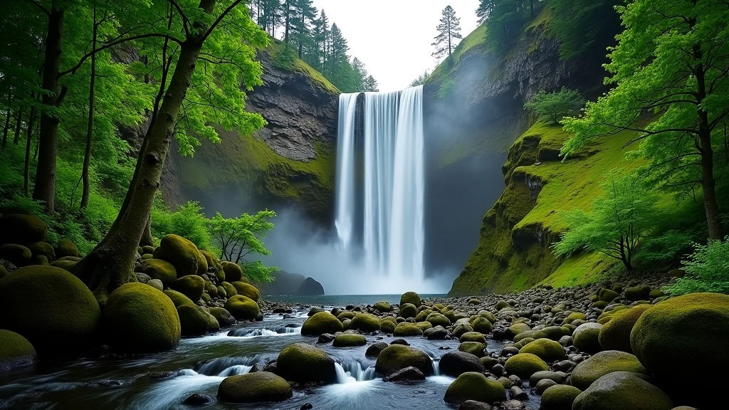 Powerscourt Waterfall surrounded by lush forest with rocky stream in foreground