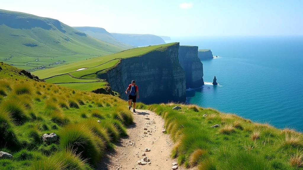 Rugged mountain trail with green hillsides overlooking blue sea and coastal cliffs in the distance