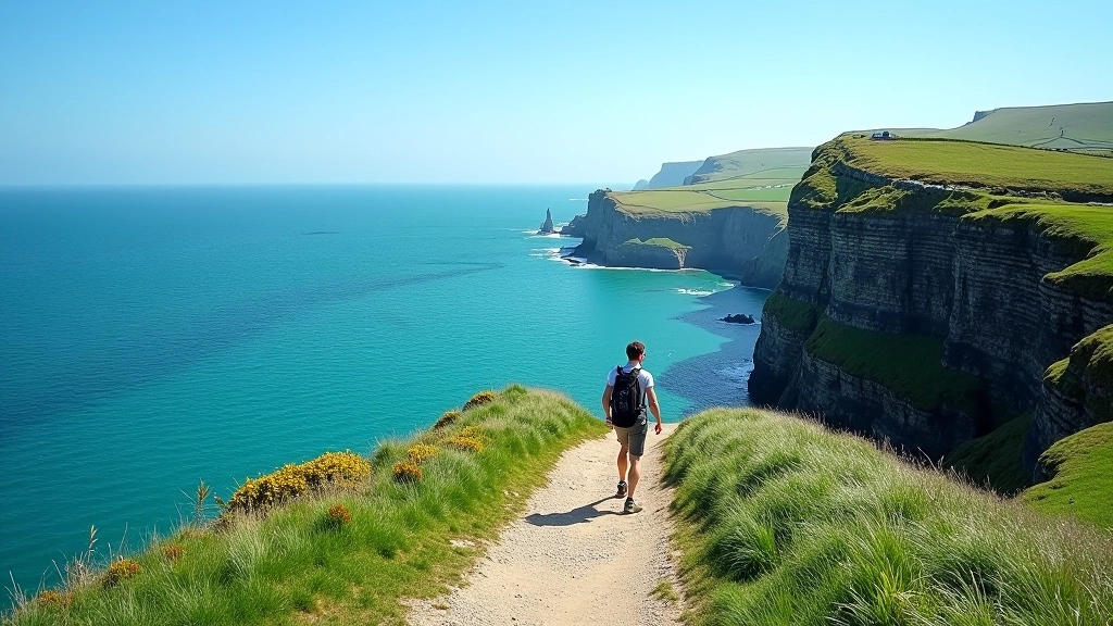 Scenic coastal walking path with dramatic Atlantic cliffs and turquoise sea in background