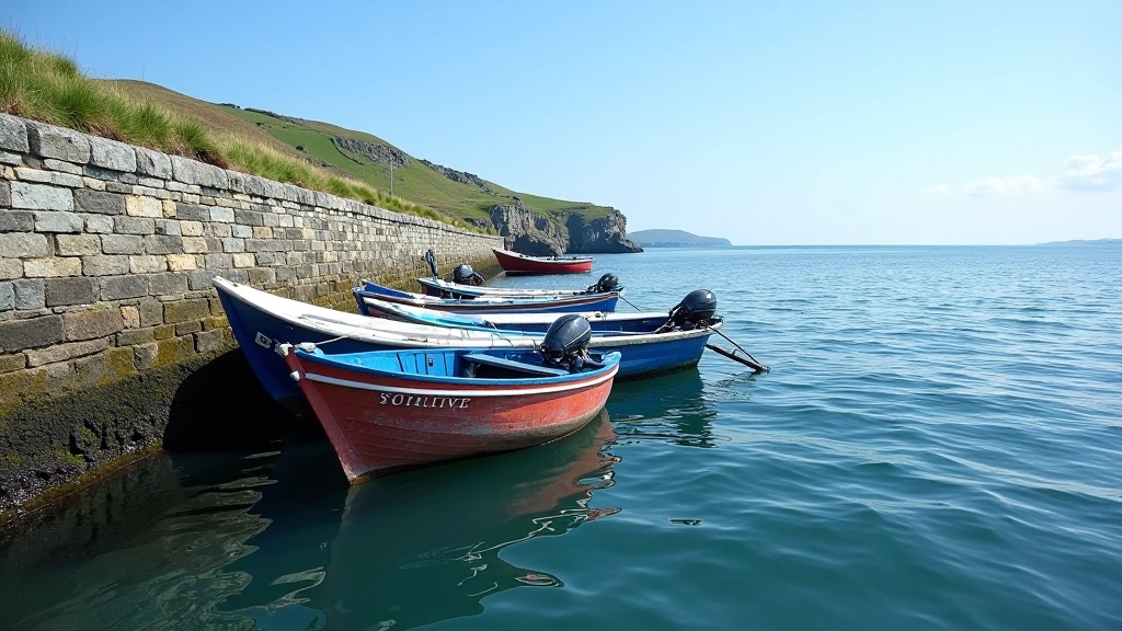 Long stone pier extending into calm blue water with fishing boats moored alongside