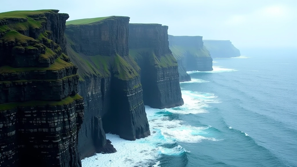 Towering sea cliffs with dramatic rock formations rising from crashing Atlantic Ocean waves