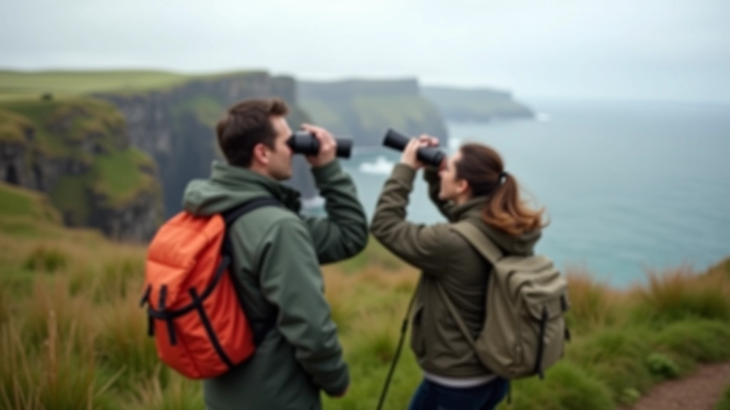 Hikers on coastal path wearing waterproof jackets with binoculars for bird watching