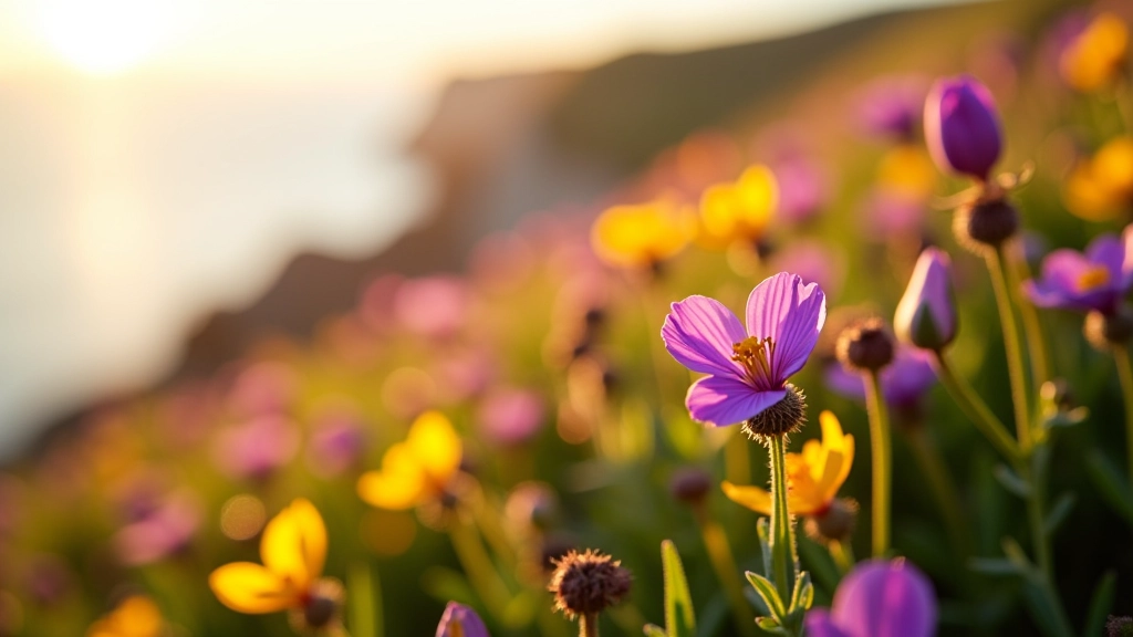Colorful wildflowers blooming on coastal clifftop in spring