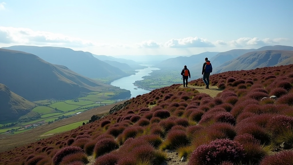 Wicklow mountain ridge walk with open moorland views and distant mountains under blue sky
