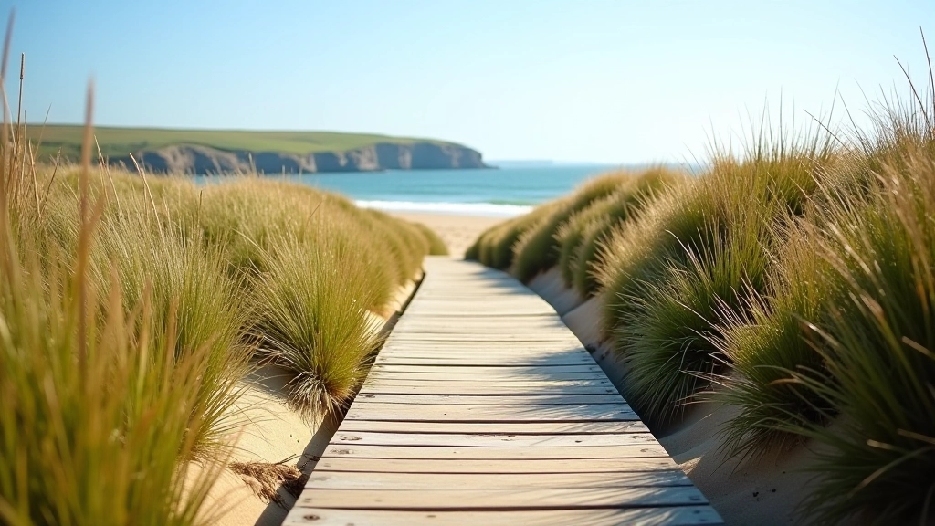Wooden boardwalk path through coastal dunes with sea grass and beach visible